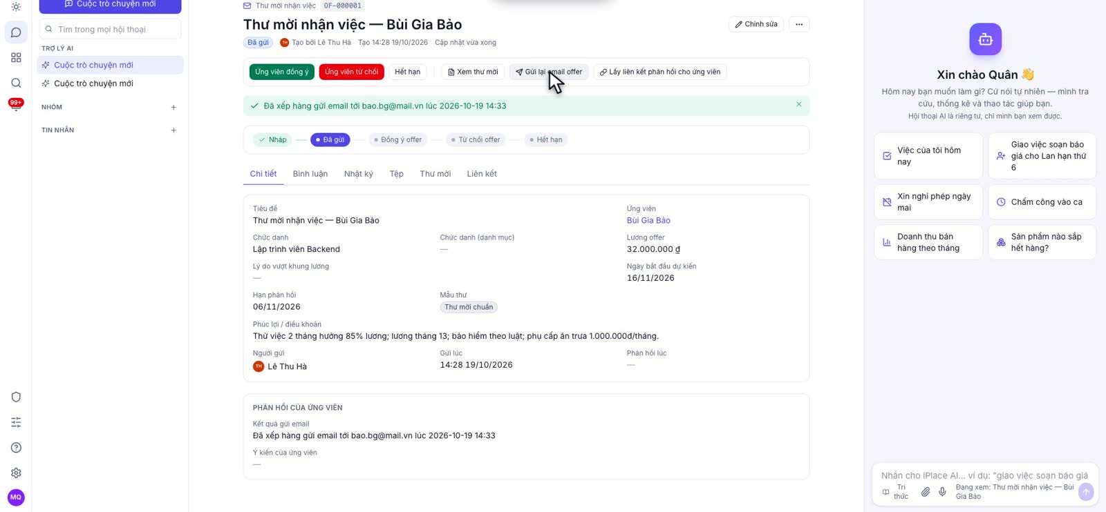 Thư mời nhận việc gửi ứng viên với lương offer, ngày bắt đầu, hạn phản hồi và trạng thái Đã gửi
